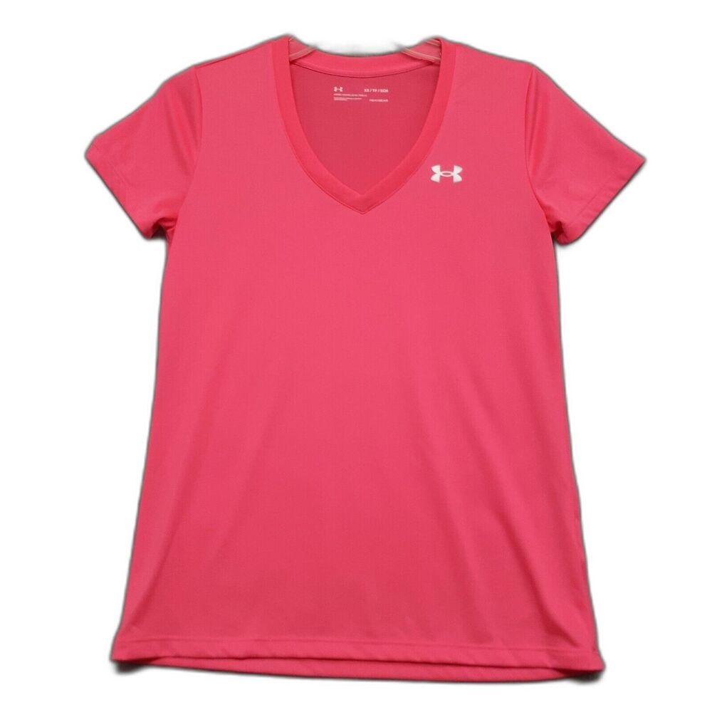 Under Armour Heat Gear Women Sz XS V-Neck Hot Pink T-Shirt Logo Athleisure